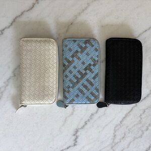 Bottega Veneta Woven Zip Wallet Trio in White, Light Blue, and Black